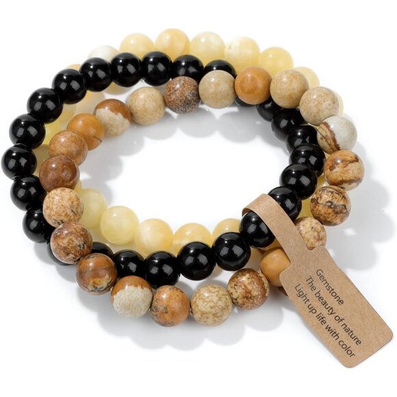 3PCS Yellow Jade Healing Crystal Natural Stone Beaded Stretch Bracelet for Women - Picture 1 of 6